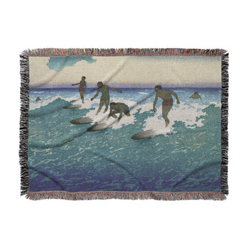 Surfers Sharing Waves By Charles Bartlett Woven Throw Blanket