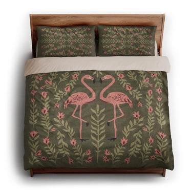 Flamingo Friends Sage Green king - microfiber - Natural Backing