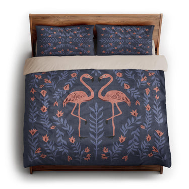 Flamingo Friends Navy king - microfiber - Natural Backing