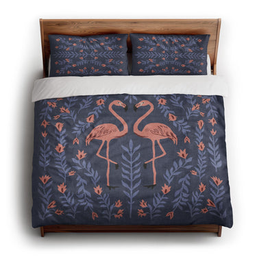 Flamingo Friends Navy king - cotton - White Backing