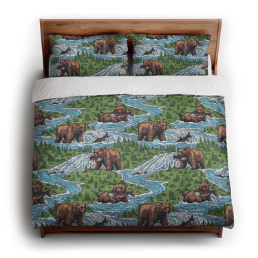 Bears Catching Salmon king - cotton - White Backing