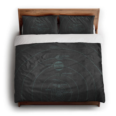 Solar System Charcoal & Teal king - cotton - White Backing