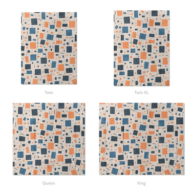 Geometric Confetti Blue & Orange Mockup Comforter Sizing