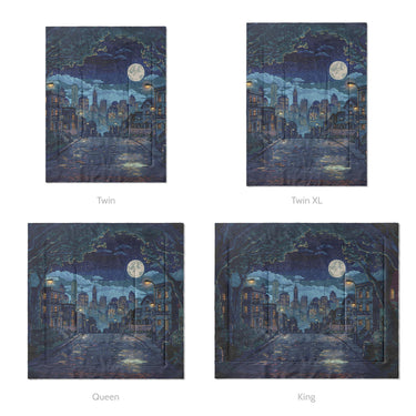 8 Bit Uptown Twilight Skyline Mockup Comforter Sizing