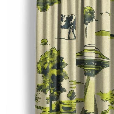 UFO Cow Abduction Toile Mockup Curtain Detail
