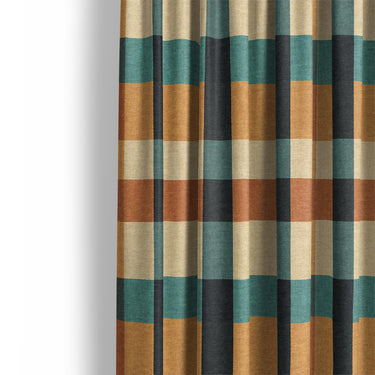 Brenton Plaid Taupe Teal Mockup Curtain Detail