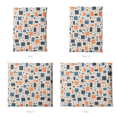 Geometric Confetti Blue & Orange Mockup Duvet Sizing