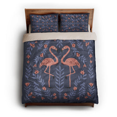 Flamingo Friends Navy queen - microfiber - Natural Backing
