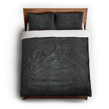 Solar System Charcoal & Teal queen - cotton - White Backing