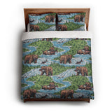 Bears Catching Salmon queen - cotton - White Backing