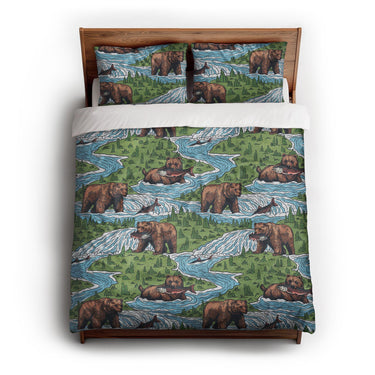 Bears Catching Salmon queen - cotton - White Backing