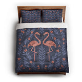 Flamingo Friends Navy queen - cotton - White Backing