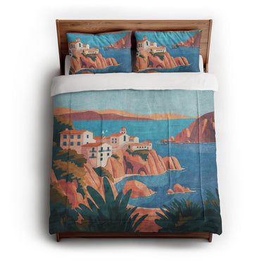Mediterranean Cliffside Village in Full/Queen (88" x 88") Size