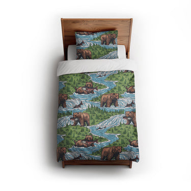 Bears Catching Salmon twin - cotton - White Backing